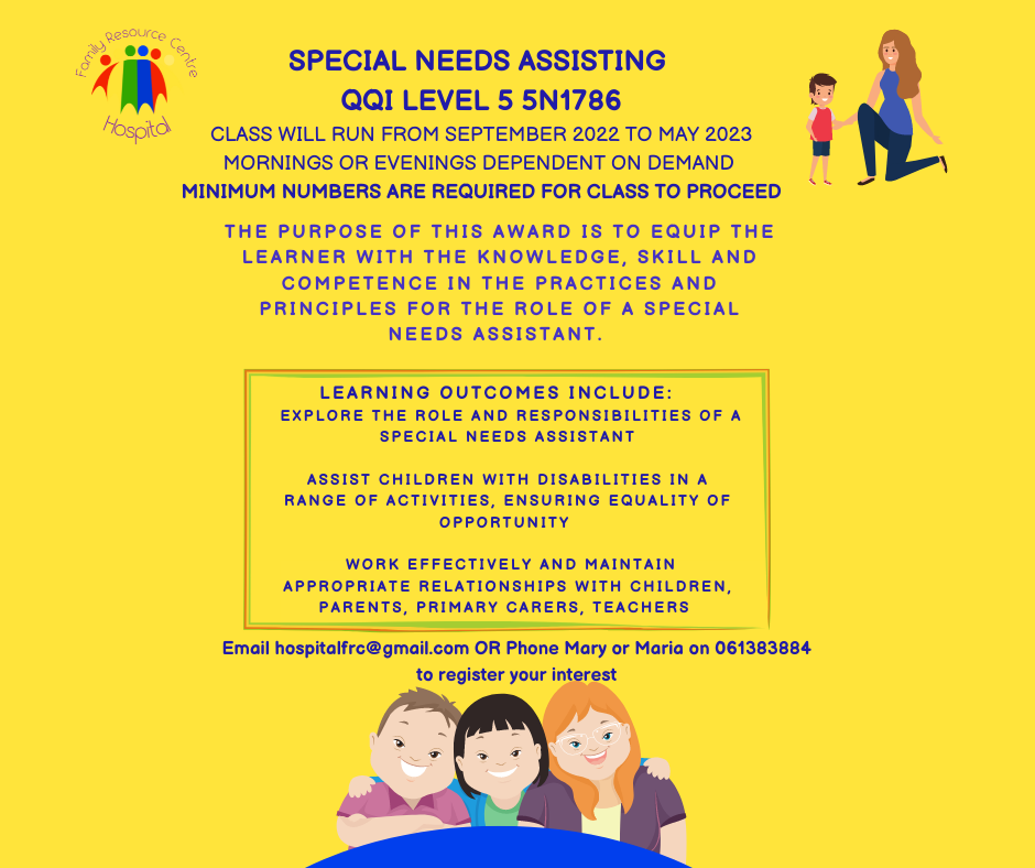 Poster for a Special Needs Assisting QQI Level 5 course running from September 2022 to May 2023 at Hospital Family Resource Centre