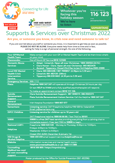 A list of support services that are available Dec 22 through Jan 23.
